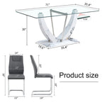 Modern Tempered Glass Dining Table Set with U-shaped Marble Pattern Base and PU Upholstered Chairs