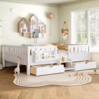 Bellemave Queen Size Toddler Bed with 14 Safety Guardrails, Space-saving Bed Frame with Built-in Bookshelves & 2 Under-Bed Storage Drawers