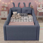 Whisen Twin Platform Bed, Kids Floor Upholstered Bed Frame with Rabbit Cushion, Removable Side Rails