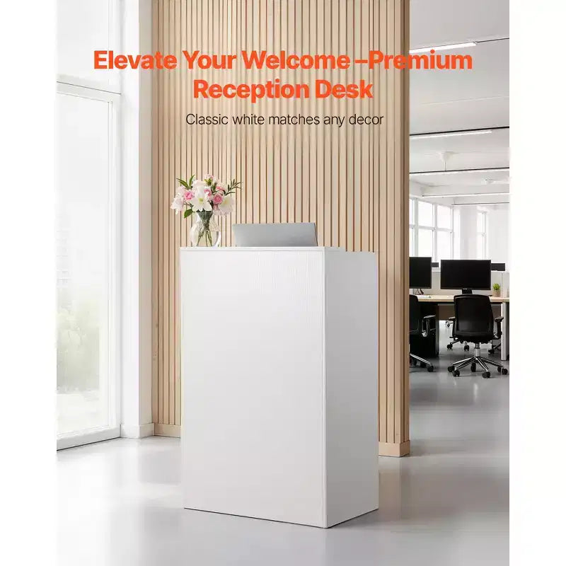 VEVOR Reception Desk, 23.6 in Rectangular Front Counter Table, Modern Office Reception Desk with Drawer, Small Minimalist Retail Counter Table,White