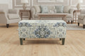 Medallion Print Fabric Upholstered Wooden Bench With Hinged Storage, Large, Blue and Cream