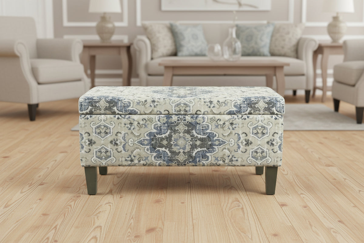 Medallion Print Fabric Upholstered Wooden Bench With Hinged Storage, Large, Blue and Cream
