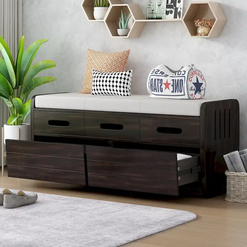 Rustic Storage Bench with 2 Drawers, Hidden Storage Space, and 3 False Drawers at the Top
