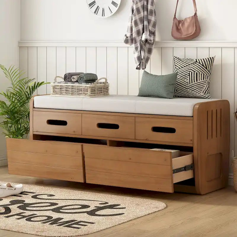 Rustic Storage Bench with 2 Drawers, Hidden Storage Space, and 3 False Drawers at the Top