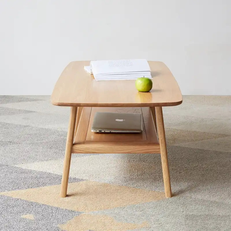 Grondin Nordic Natural Solid Wood 2-Tier Coffee Table with Shelf, Rectangle Accent Cocktail Table