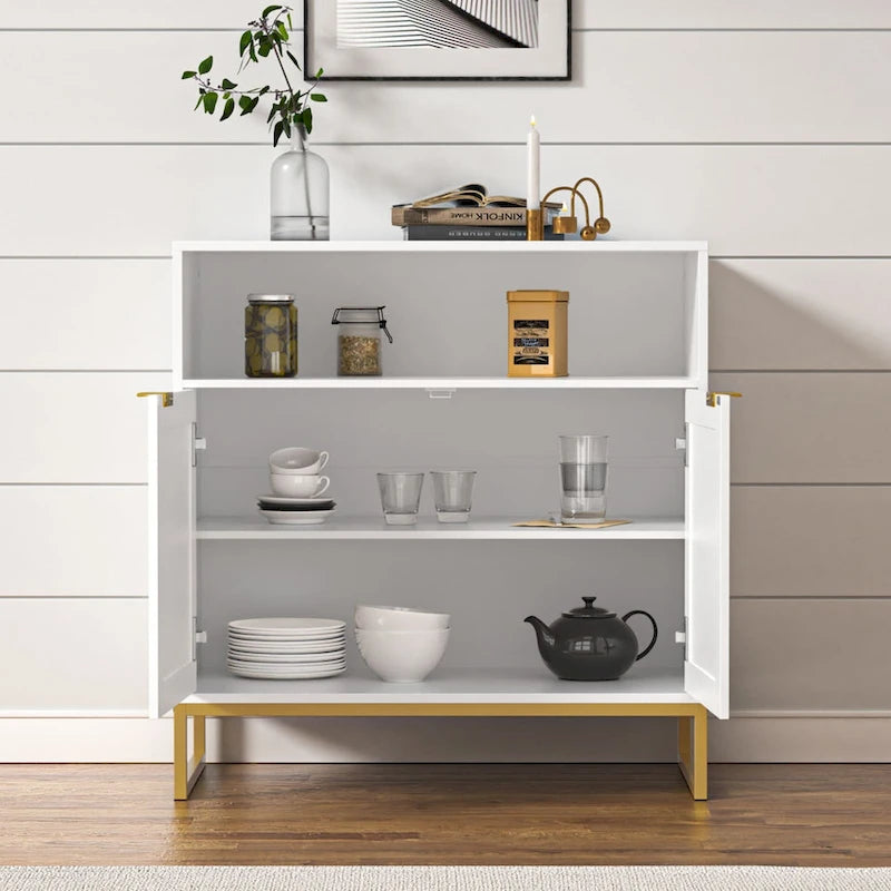 Modern 2-Door White Wood Rattan Buffet Sideboard Kitchen Storage Cabinet with Adjustable Shelf