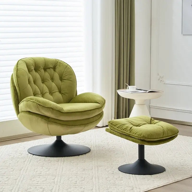 Velvet Swivel Accent Chair with Ottoman Round Reading Accent Chair Foot Stool Ottoman Set,360 Swivel,Metal Frame