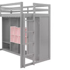 Kids Loft Bed with Wardrobe and Shelves, Wooden Loft Bed Frame with Storage Cabinet for Kids Teens