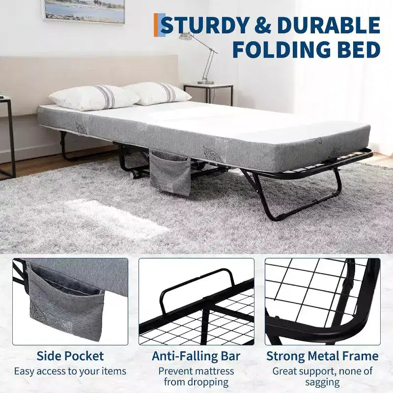 Folding Bed with Mattress for Adults,Portable Rollaway Guest Beds , Foldable Metal Frame Bed with 5 Memory Foam Mattress & Side Storage Pocket