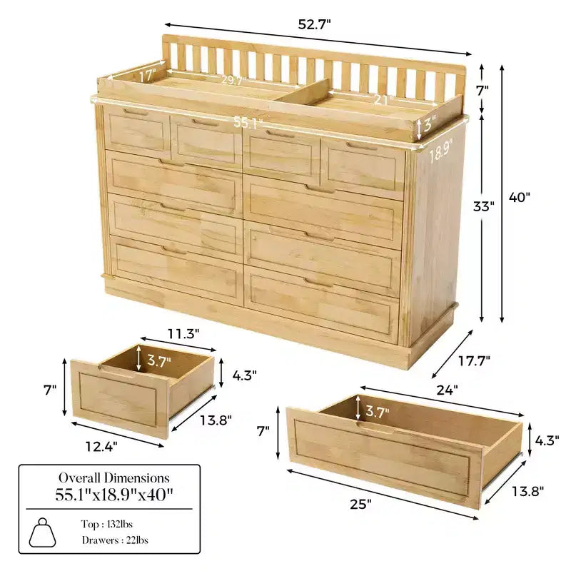 Homsee Solid Pine Wood Diaper Changing Table & Dresser: Removable Station,Drawer Storage, All-in-One Nursery Essential for Parents