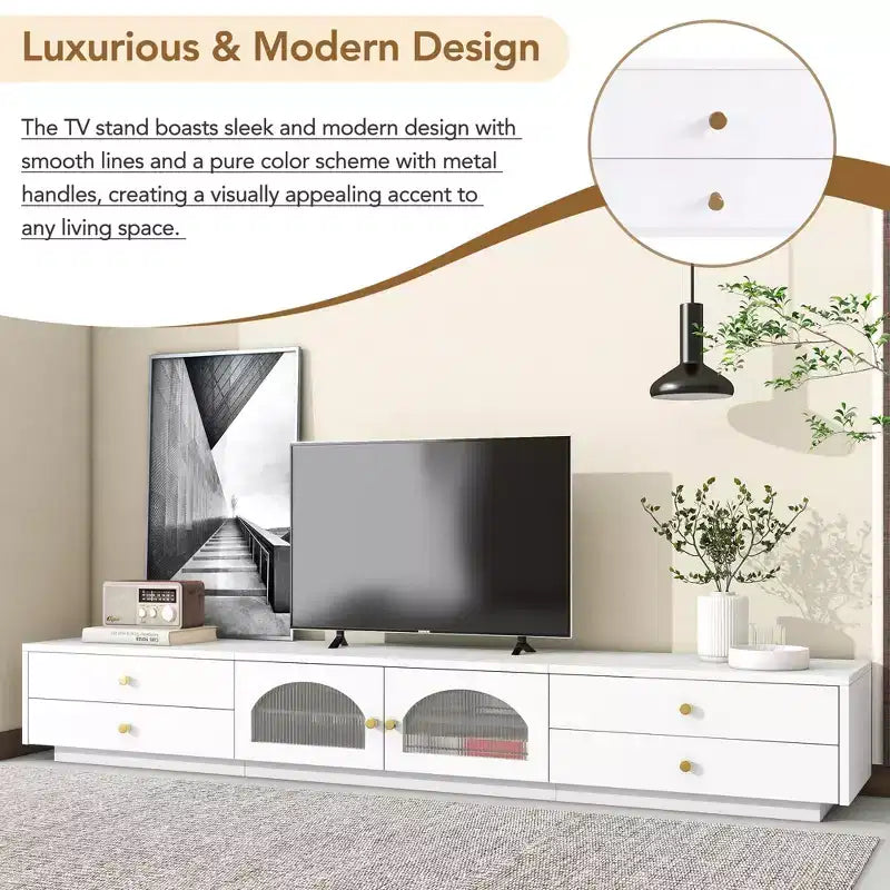 TV Stand for 95 TV, Extra Long Media Console with 2 Doors & 4 Drawers, Large TV Storage Cabinet Entertainment Center with Fluted Glass Doors