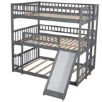 Full Over Full Triple Bunk Bed with Convertible Ladder and Slide, Triple Bed with Guardrails, White/Gray/Espresso - ModernLuxe
