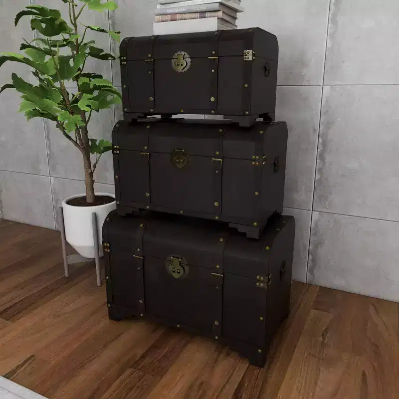 Set of 3 Traditional Wood Trunks Brown - Olivia & May: Distressed Finish, No Assembly, Decorative Storage