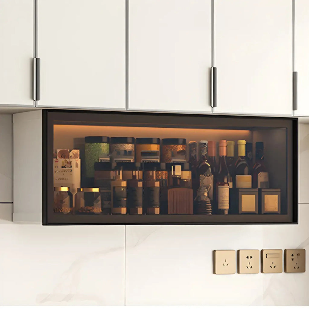 Grey Metal Floating Mounted Glass Kitchen China Cabinet