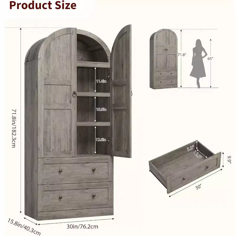 71 High Arched Bookcase, Wooden Arched Bookshelf With Doors and Drawers, Large Arched Display Bookcase With Storage, Suitable for Office Living Room