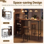 Costway 3 PCS Bar Table and Chairs Set Industrial Pub Table & Stools with Bottle Wine Rack Brown/Oak