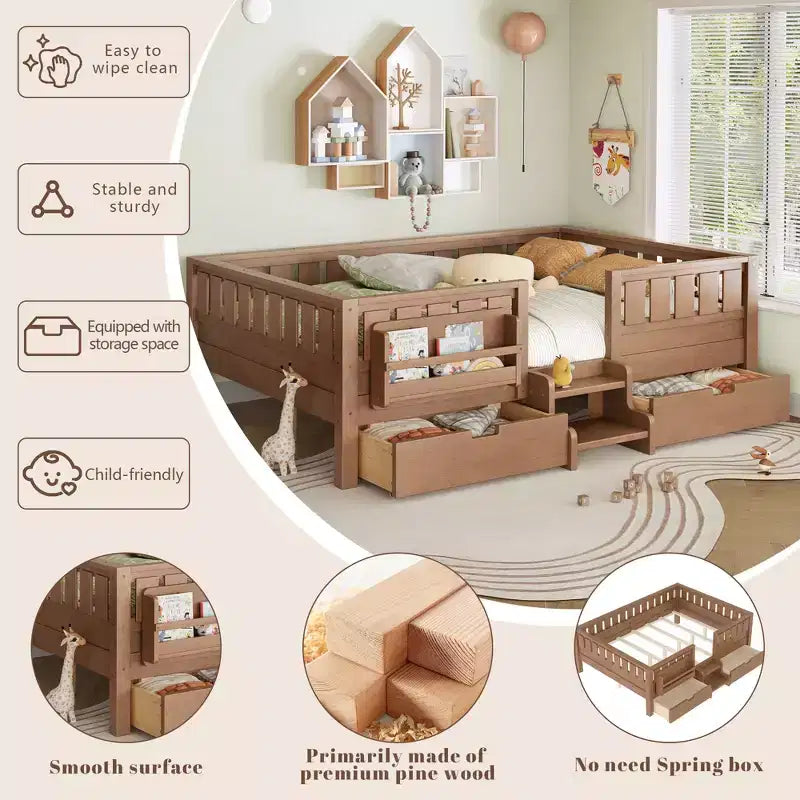 Bellemave Queen Size Toddler Bed with 14 Safety Guardrails, Space-saving Bed Frame with Built-in Bookshelves & 2 Under-Bed Storage Drawers
