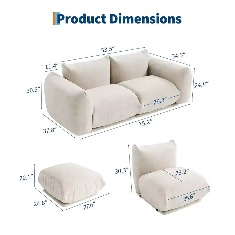 Boneless Love Seat Sofa - No Assembly Required, 75.2 Plush Chenille Cloud Couch with 23.2 Deep Seat for Small Spaces (Green)