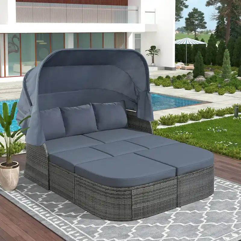 Outdoor Gray Wicker Daybed with Cushions and Retractable Canopy
