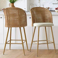 Set of 2 Natural Rattan Bar Stools, 29 Bar Height Boho Upholstered High Chairs with Woven Back - Panipeachy