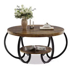30 Inch Round Industrial Coffee Table 2-Tier with Adjustable Feet Wood Grain Shelf Flame Design Easy Assembly Living Room