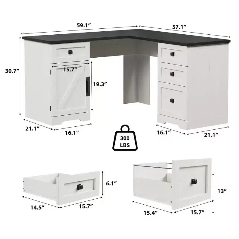 60 Farmhouse L-Shaped Executive Desk  Corner Home Office Desk with File Drawer, Storage Cabinet & Adjustable Shelf