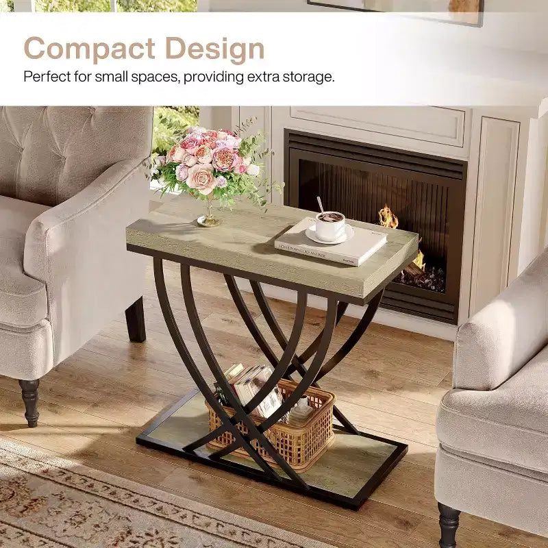 Side Table, 2-Tier Narrow End Table for Living Room, Industrial Bedside Tables with Metal Frame for Bedroom, Sofa Couch, Small Spaces, Grey
