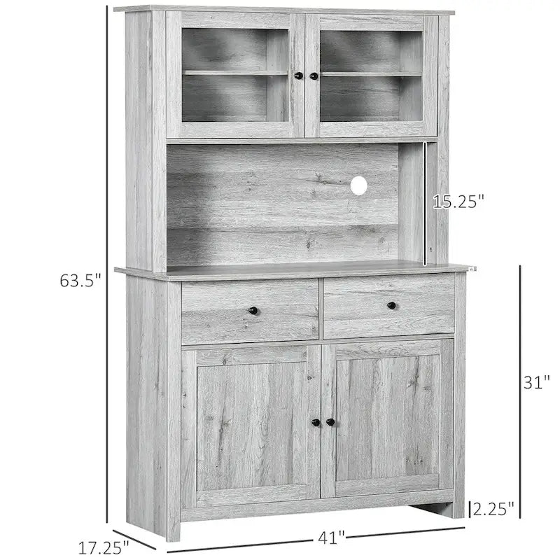 Glass Doors Kitchen Buffet with Hutch and Drawers - N/A