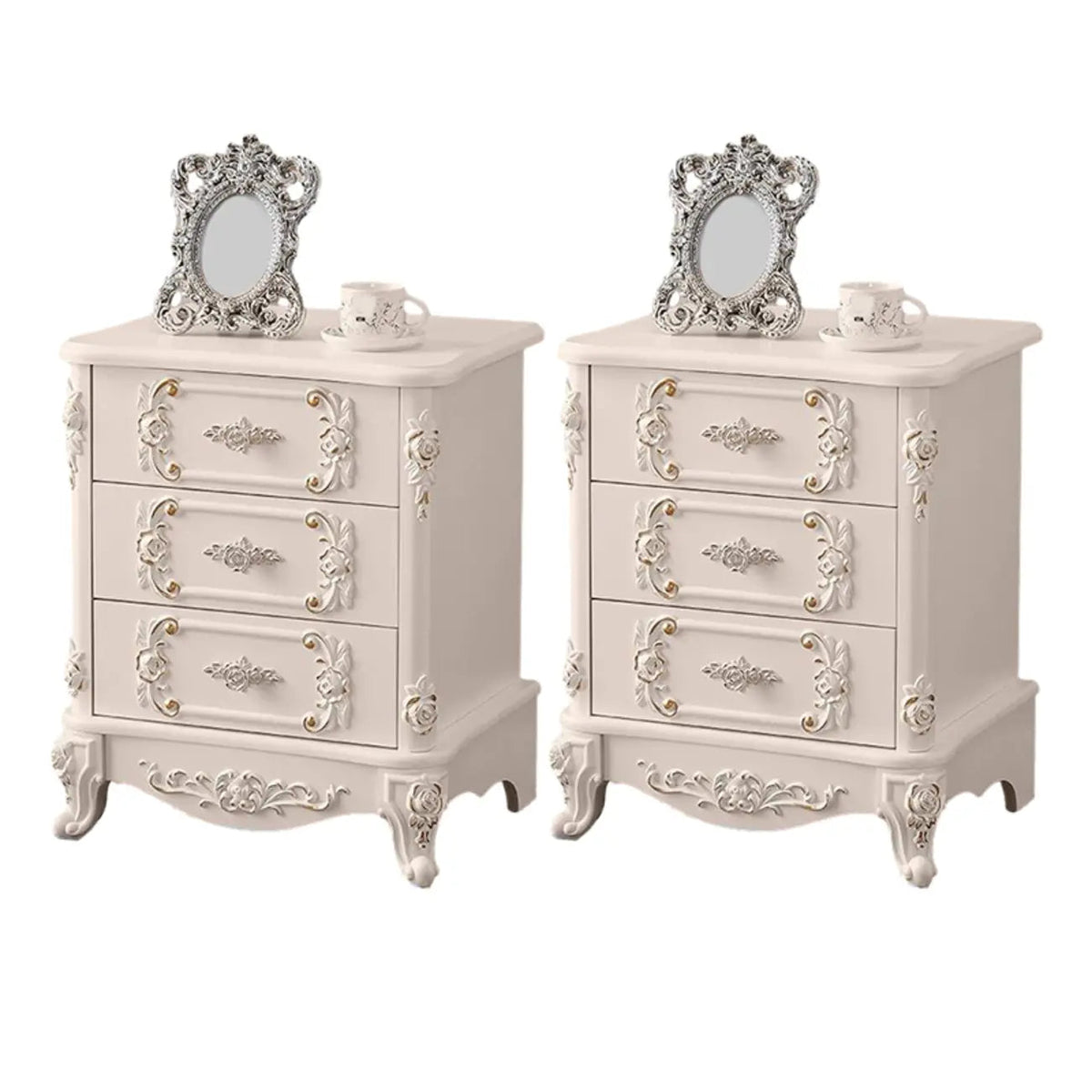 Traditional White Wood Carved 3-Drawer Nightstand