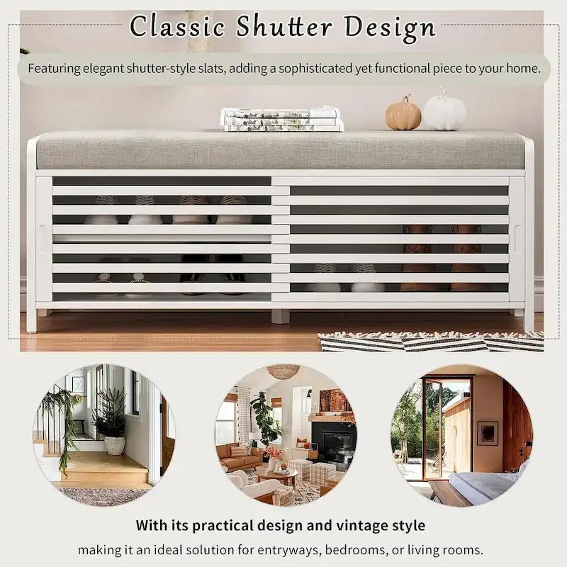 43.30 Solid Wood Storage Bench with Contemporary Distressed Blinds