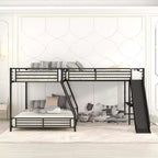 Metal Twin over Full Bunk Bed, L Shaped Bunk Bed for 3 Kids, Heavy-Duty Triple Bunk Bed with Desk and Slide, Black