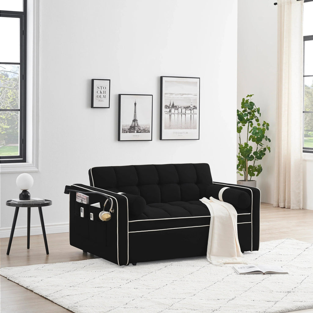 Velvet Convertible 55 2-Seater Sleeper Sofa with Pull-Out Bed, Adjustable Recline, Side Pockets, and Phone Holder