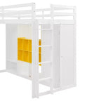 Kids Loft Bed with Wardrobe and Shelves, Wooden Loft Bed Frame with Storage Cabinet for Kids Teens