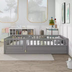 Full Floor Bed Frame with Extra-Tall Safety Rails and Entry Door, Gray