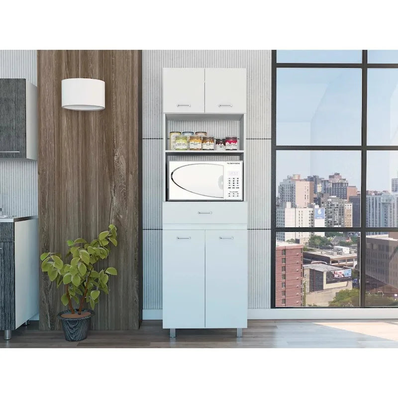 Caribe Microwave Cabinet, Four Legs, One Drawer, Double Door, One Shelf -White