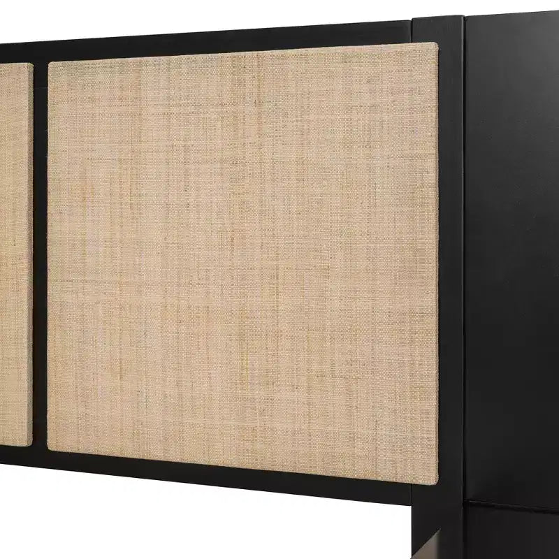 Queen Size Solid Wood Bed Frame with 2 Nightstands, Elegant Rattan and Wood Combination Platform Bed with Lamps - ModernLuxe