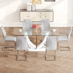 Modern Tempered Glass Dining Table Set with U-shaped Marble Pattern Base and PU Upholstered Chairs