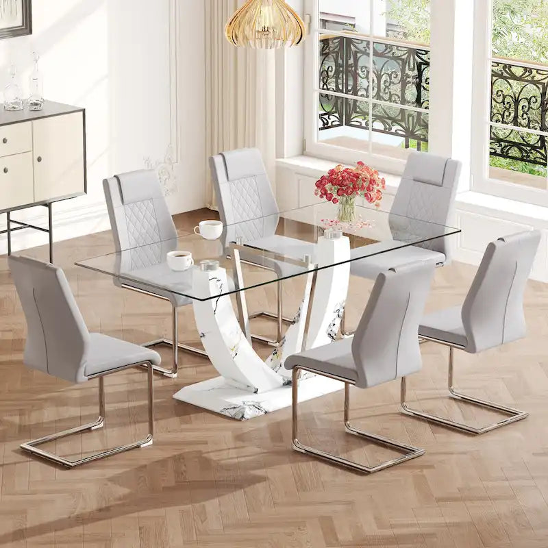 Modern Tempered Glass Dining Table Set with U-shaped Marble Pattern Base and PU Upholstered Chairs