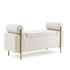 Upholstered Linen Storage Bench with Cylindrical Arms and Gold Metal Legs