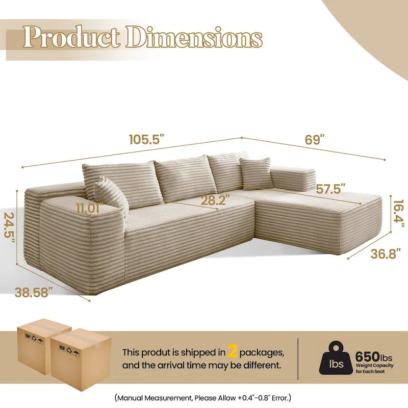 Modern Upholstery Chaise Sofa with Pillows for Living Room