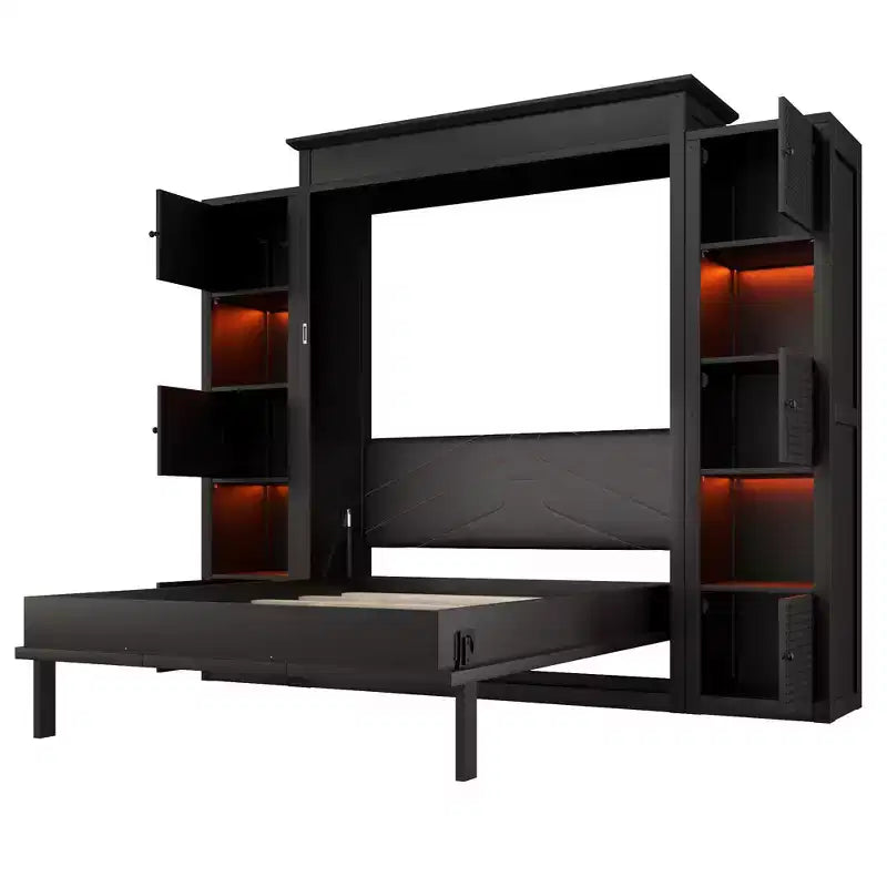 Luxystar Modern Queen Murphy Bed with 10 Storage Shelves and Upholstered Headboard, Black