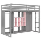 Kids Loft Bed with Wardrobe and Shelves, Wooden Loft Bed Frame with Storage Cabinet for Kids Teens