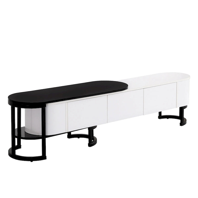 Modern Black White Retractable TV Stand with 3 Drawers and Metal Adjustable Legs for Living Room Bedroom
