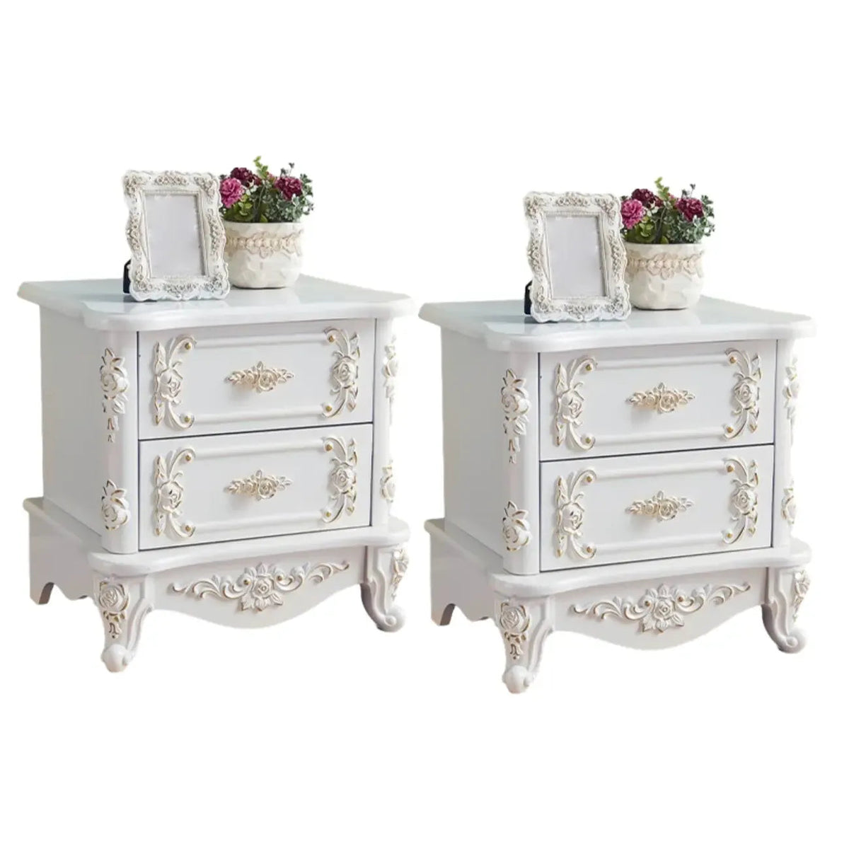 Traditional White Wood Carved 3-Drawer Nightstand