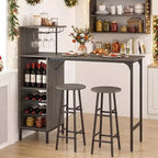 Costway 3 PCS Bar Table and Chairs Set Industrial Pub Table & Stools with Bottle Wine Rack Brown/Oak