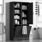 Bathroom Storage Cabinet with Doors and Drawers Tilt-Out Laundry Hamper Multiple Storage Space Freestanding Style