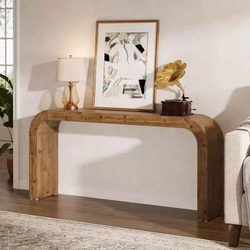 Lantine 70.87-Inch Solid Wood Console Table, Farmhouse Sofa Table with Waterfall Corners for Hallway, Living Room, Behind Couch, Natural Wood