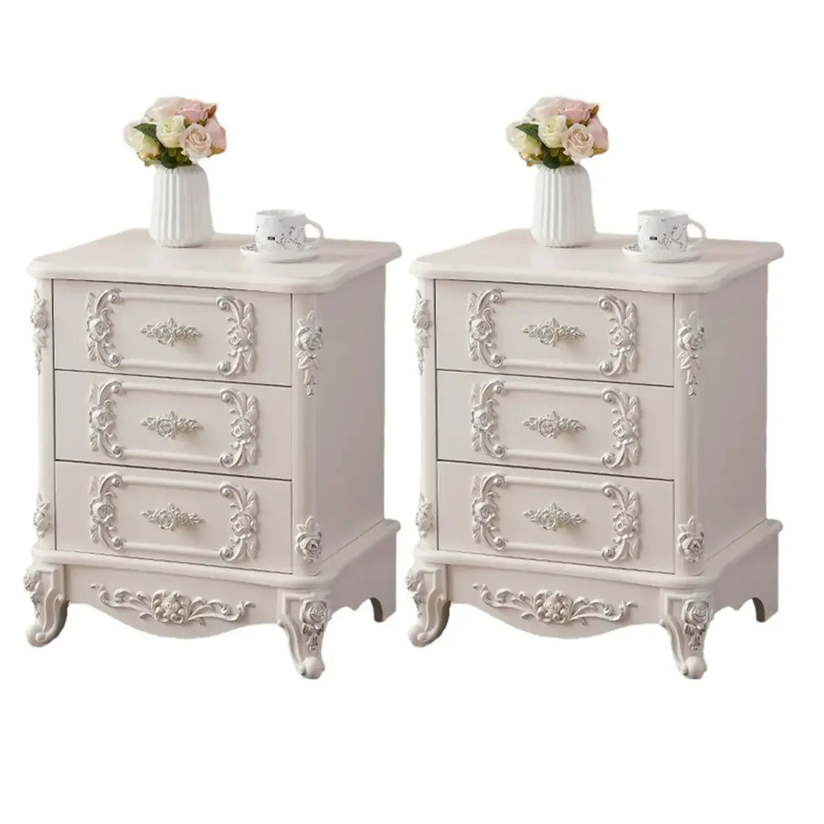 Traditional White Wood Carved 3-Drawer Nightstand