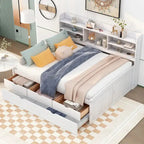 Full Size Wooden Captain Platform Bed with Built-in Bookshelves, Three Storage Drawers and Trundle