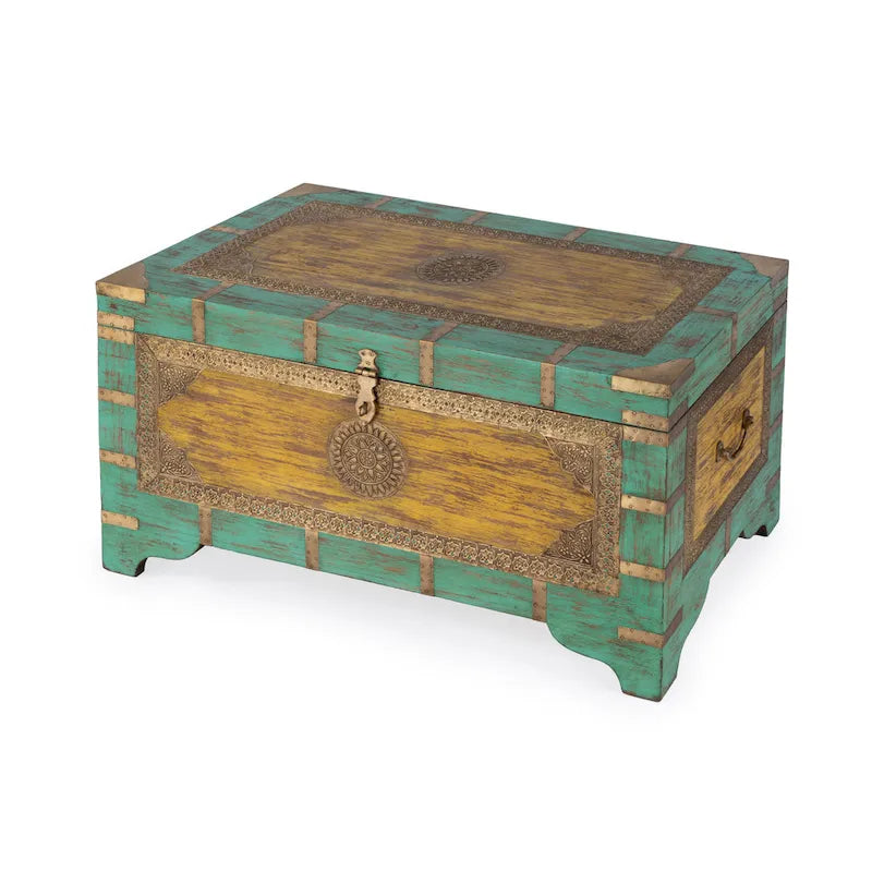 Nador Hand-Painted Brass Inlay Storage Trunk Coffee Table
